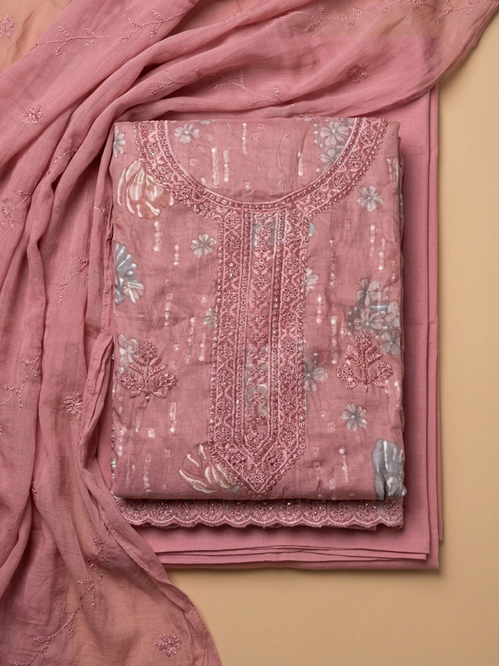 Dusty Pink Embroidered Cotton Blend Unstitched Suit &amp; Pant With Cotton Dupatta