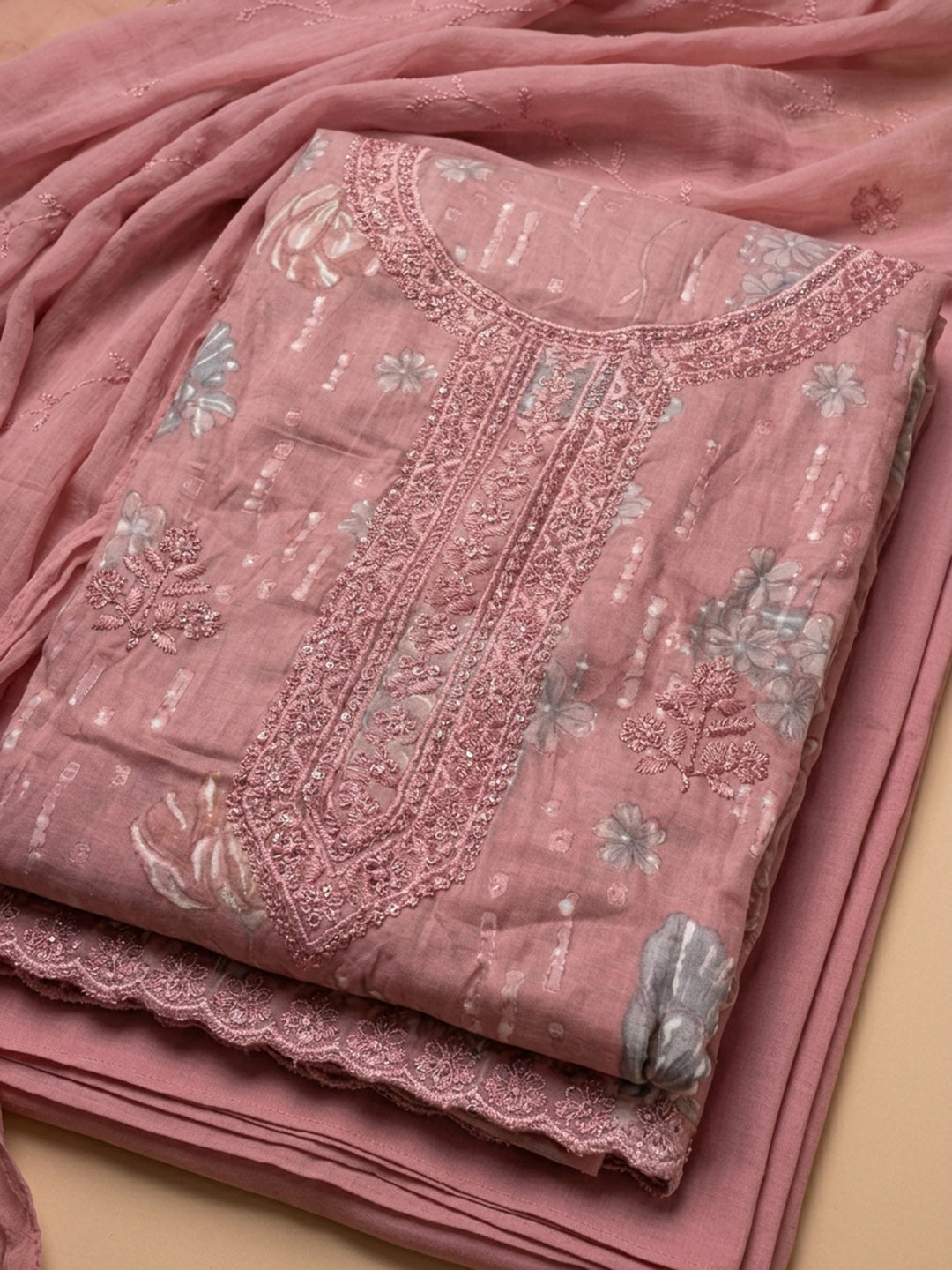 Dusty Pink Embroidered Cotton Blend Unstitched Suit &amp; Pant With Cotton Dupatta
