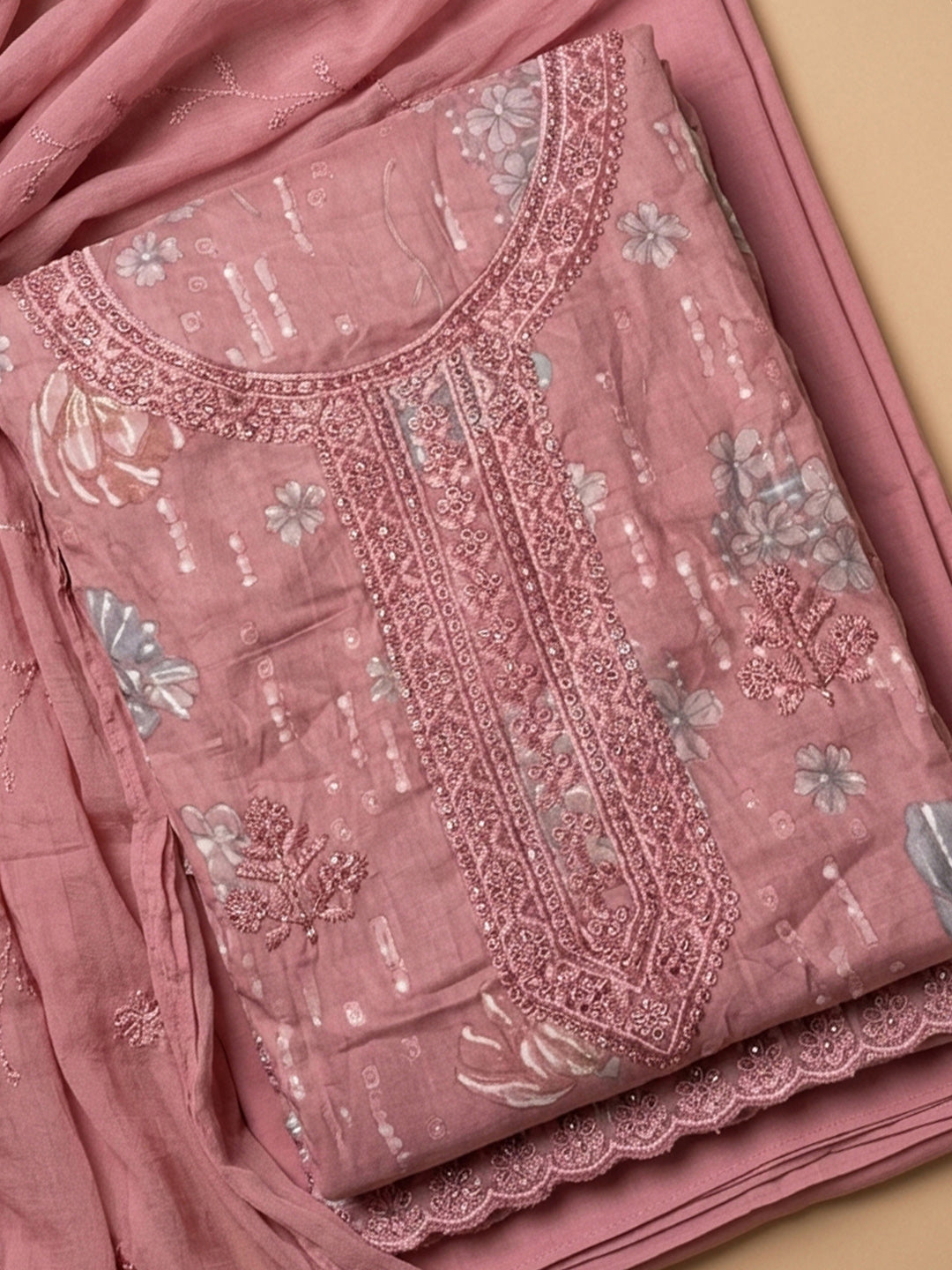 Dusty Pink Embroidered Cotton Blend Unstitched Suit &amp; Pant With Cotton Dupatta