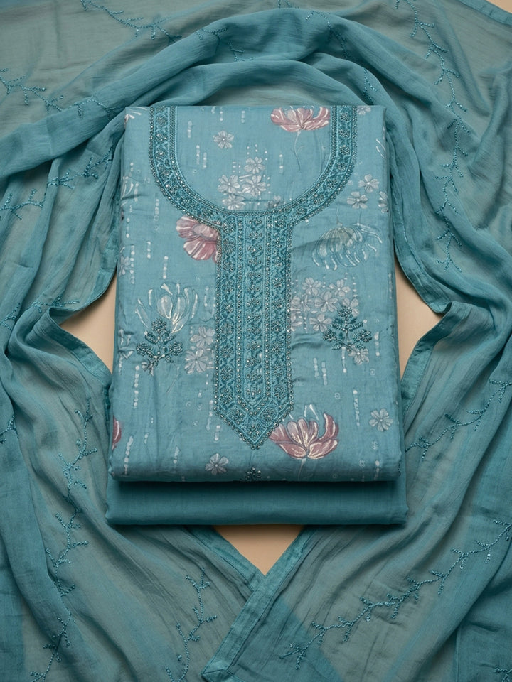Firozee Embroidered Cotton Blend Unstitched Suit &amp; Pant With Cotton Dupatta
