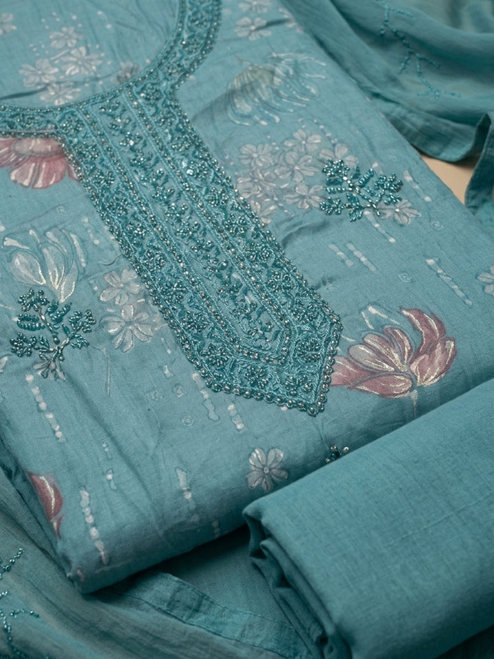 Firozee Embroidered Cotton Blend Unstitched Suit &amp; Pant With Cotton Dupatta