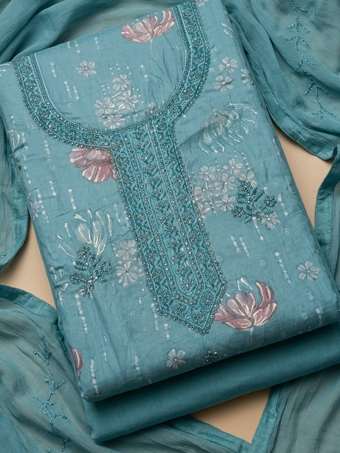 Firozee Embroidered Cotton Blend Unstitched Suit &amp; Pant With Cotton Dupatta