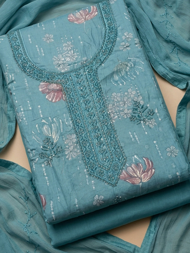 Firozee Embroidered Cotton Blend Unstitched Suit &amp; Pant With Cotton Dupatta
