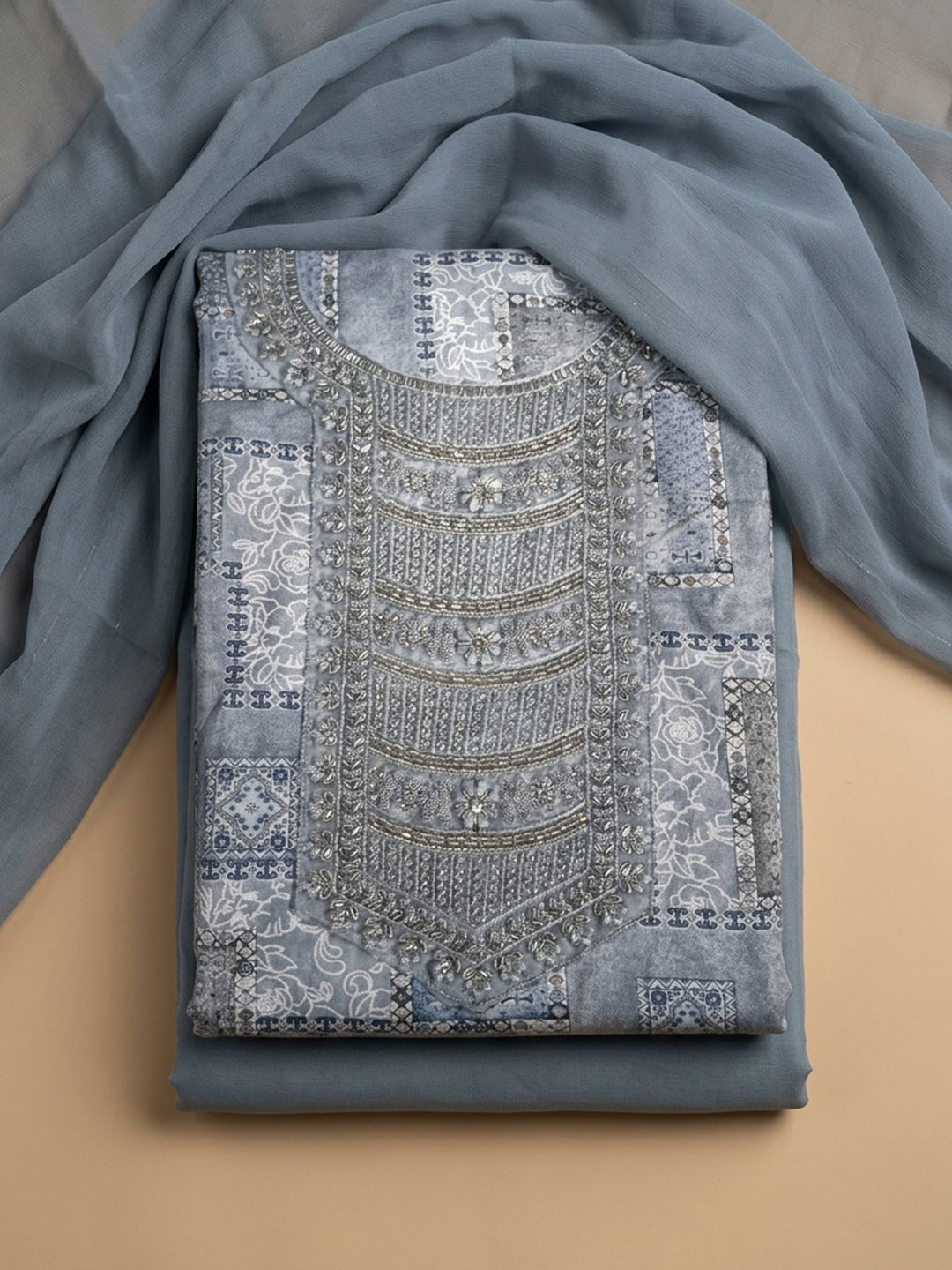 Grey Embroidered Cotton Blend Unstitched Suit &amp; Pant With Cotton Dupatta