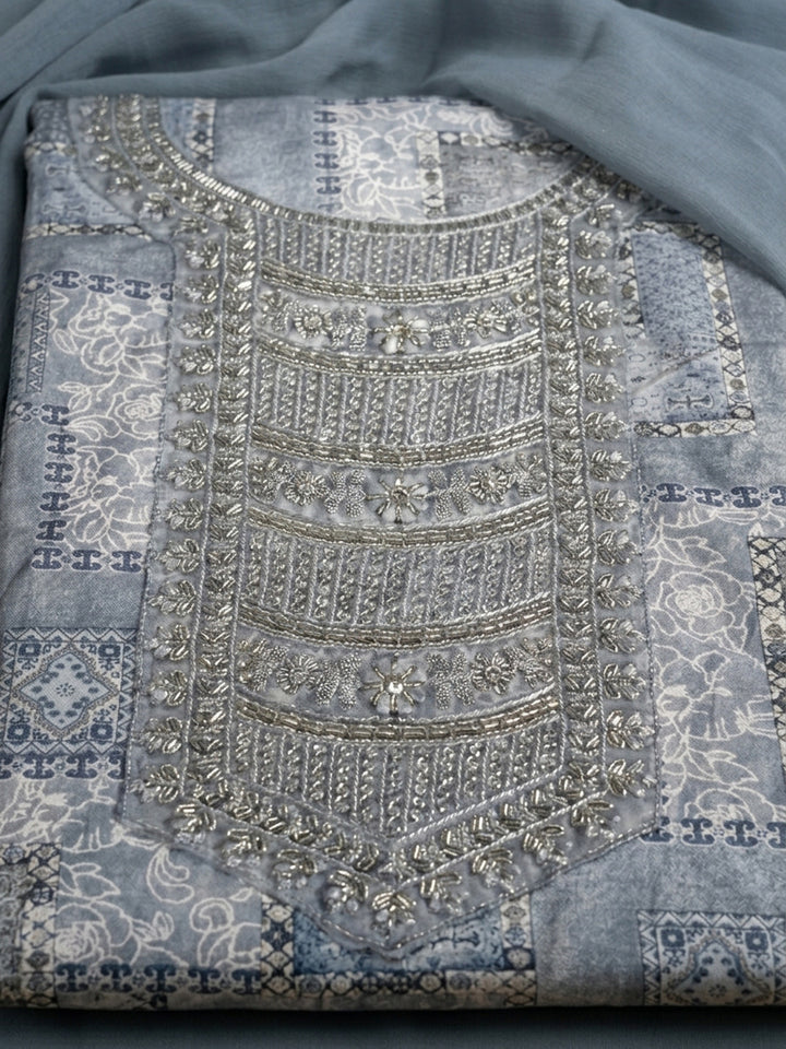 Grey Embroidered Cotton Blend Unstitched Suit &amp; Pant With Cotton Dupatta