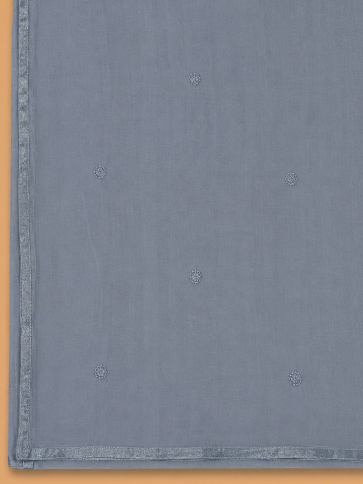 Grey Embroidered Cotton Blend Unstitched Suit &amp; Pant With Cotton Dupatta