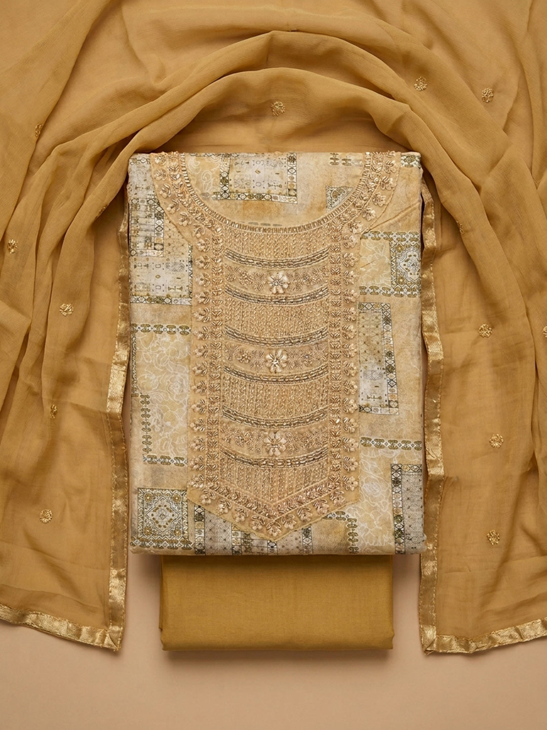 Mustard Embroidered Cotton Blend Unstitched Suit &amp; Pant With Cotton Dupatta