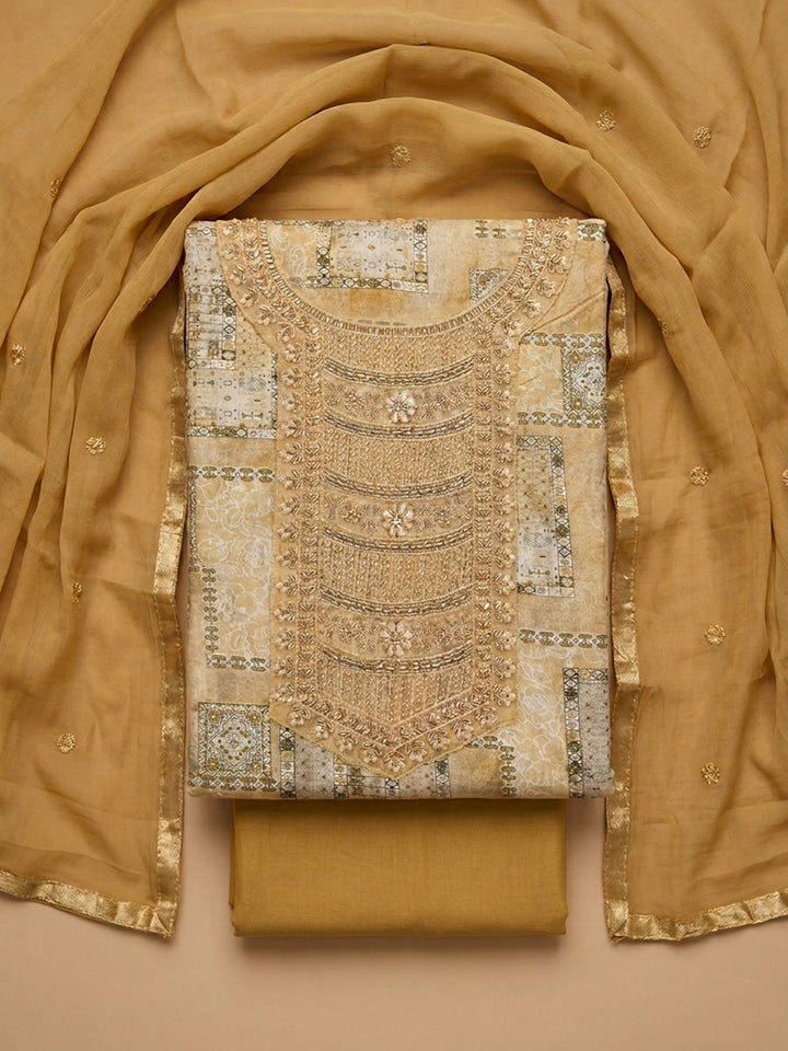 Mustard Embroidered Cotton Blend Unstitched Suit &amp; Pant With Cotton Dupatta