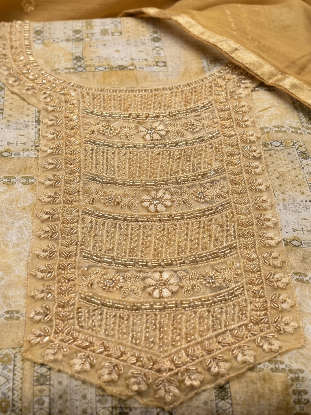 Mustard Embroidered Cotton Blend Unstitched Suit &amp; Pant With Cotton Dupatta