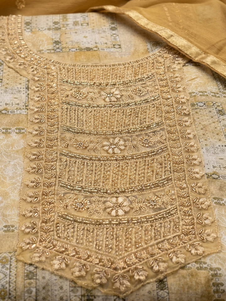 Mustard Embroidered Cotton Blend Unstitched Suit &amp; Pant With Cotton Dupatta
