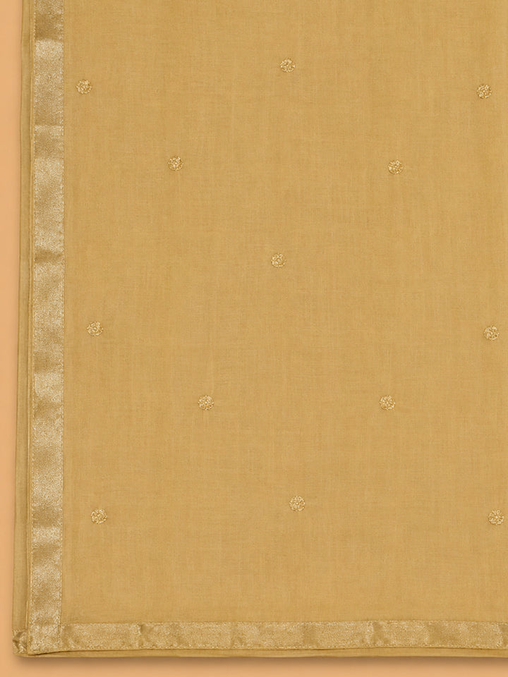 Mustard Embroidered Cotton Blend Unstitched Suit &amp; Pant With Cotton Dupatta
