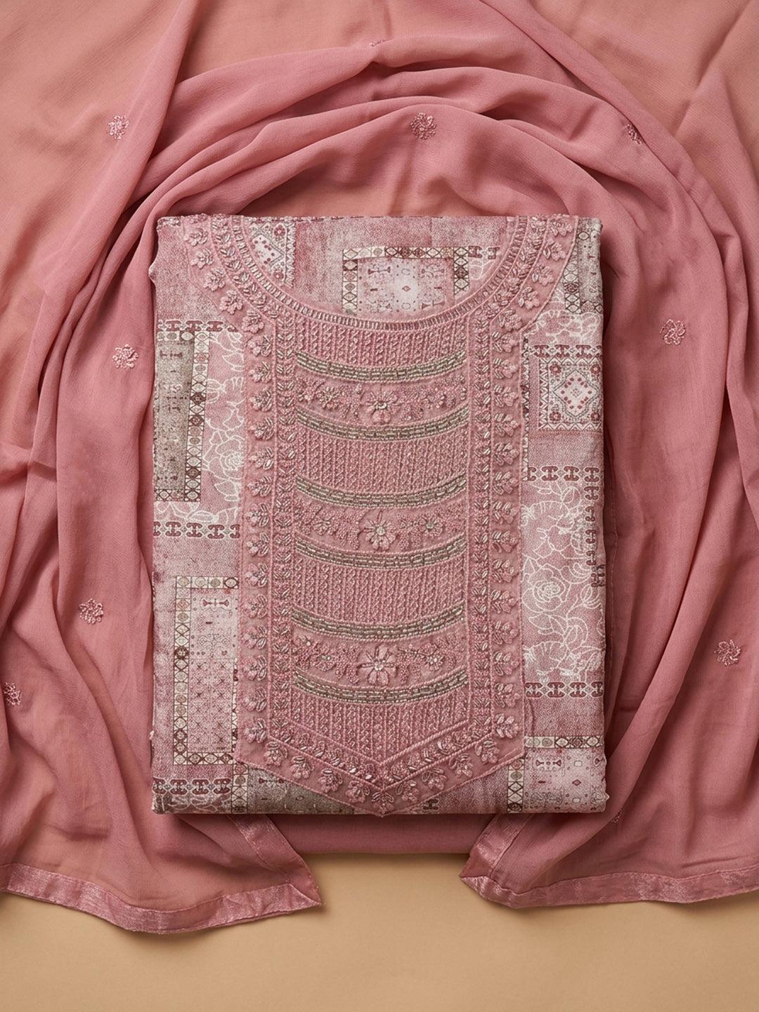 Peach Embroidered Cotton Blend Unstitched Suit &amp; Pant With Cotton Dupatta