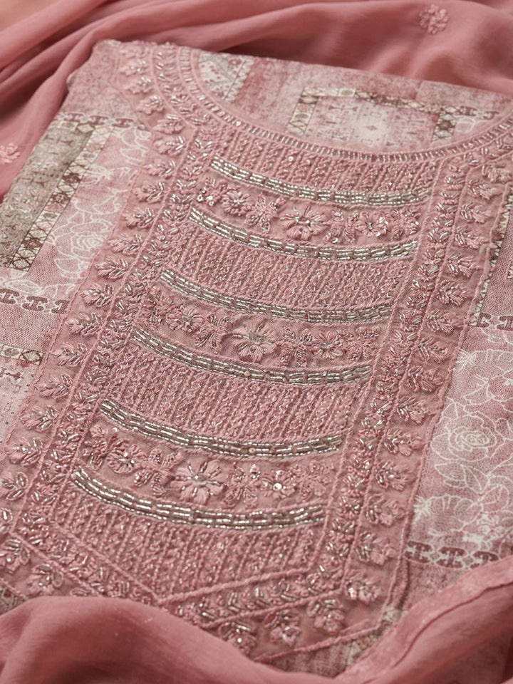 Peach Embroidered Cotton Blend Unstitched Suit &amp; Pant With Cotton Dupatta