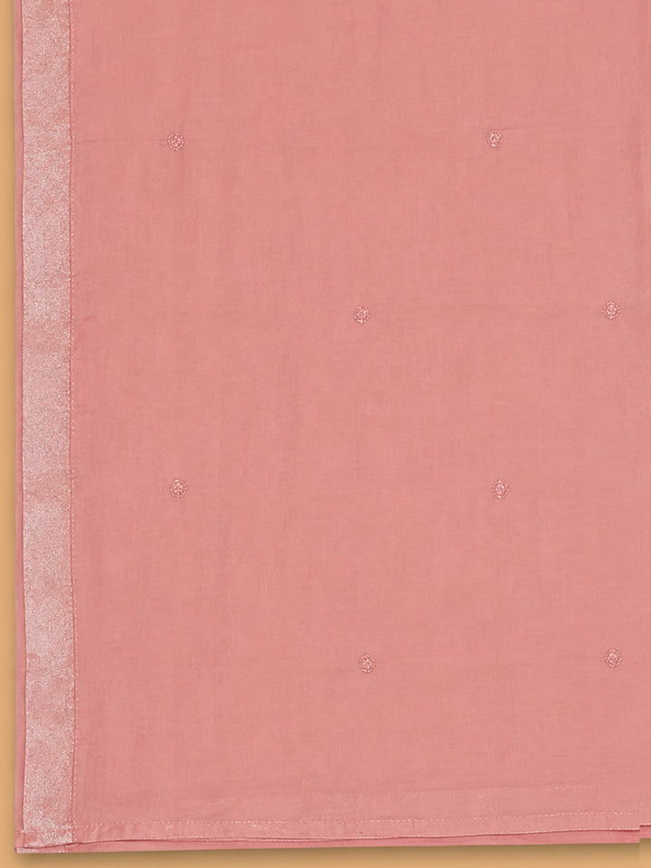 Peach Embroidered Cotton Blend Unstitched Suit &amp; Pant With Cotton Dupatta