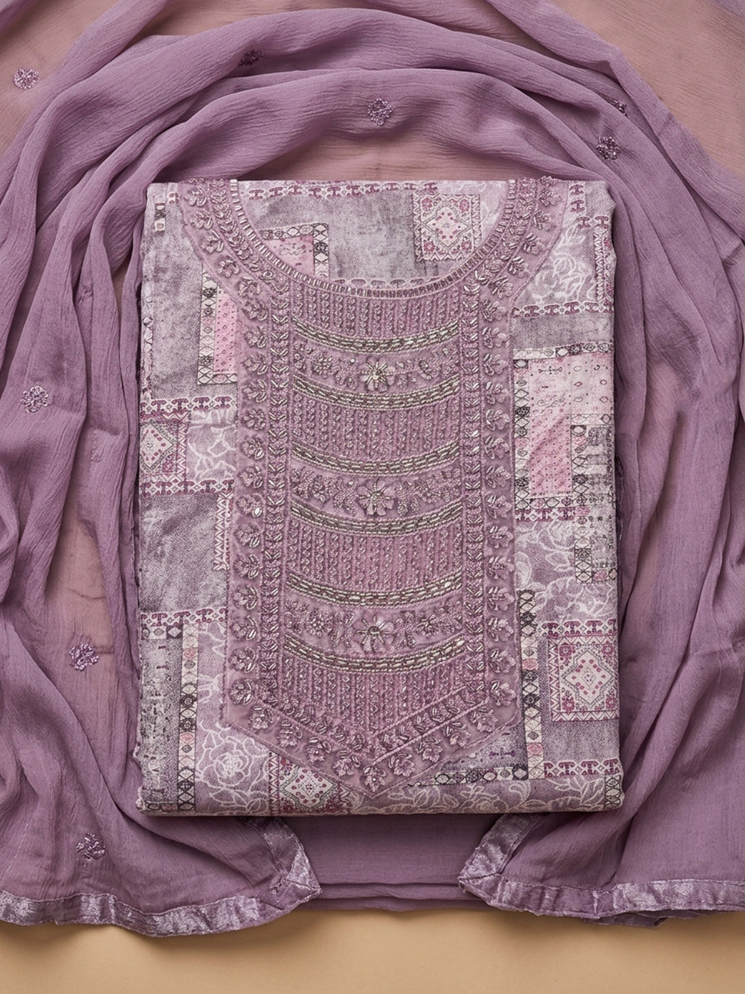 Purple Embroidered Cotton Blend Unstitched Suit &amp; Pant With Cotton Dupatta