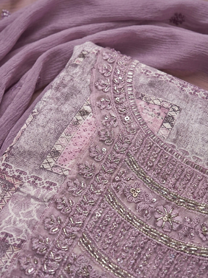Purple Embroidered Cotton Blend Unstitched Suit &amp; Pant With Cotton Dupatta