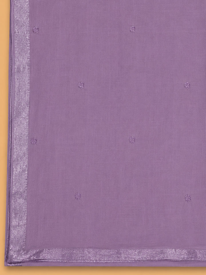 Purple Embroidered Cotton Blend Unstitched Suit &amp; Pant With Cotton Dupatta