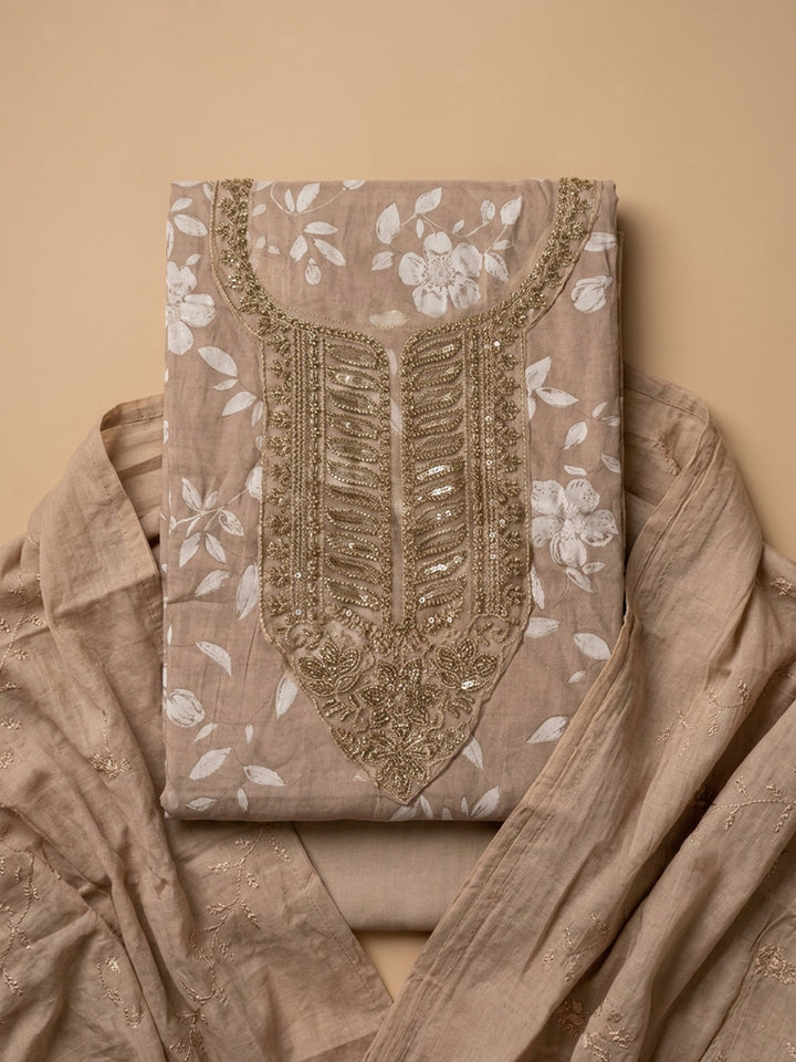 Beige Embroidered Cotton Blend Unstitched Suit &amp; Pant With Cotton Dupatta
