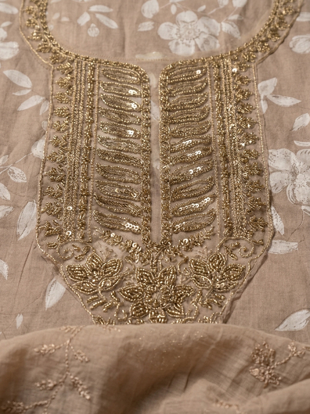 Beige Embroidered Cotton Blend Unstitched Suit &amp; Pant With Cotton Dupatta