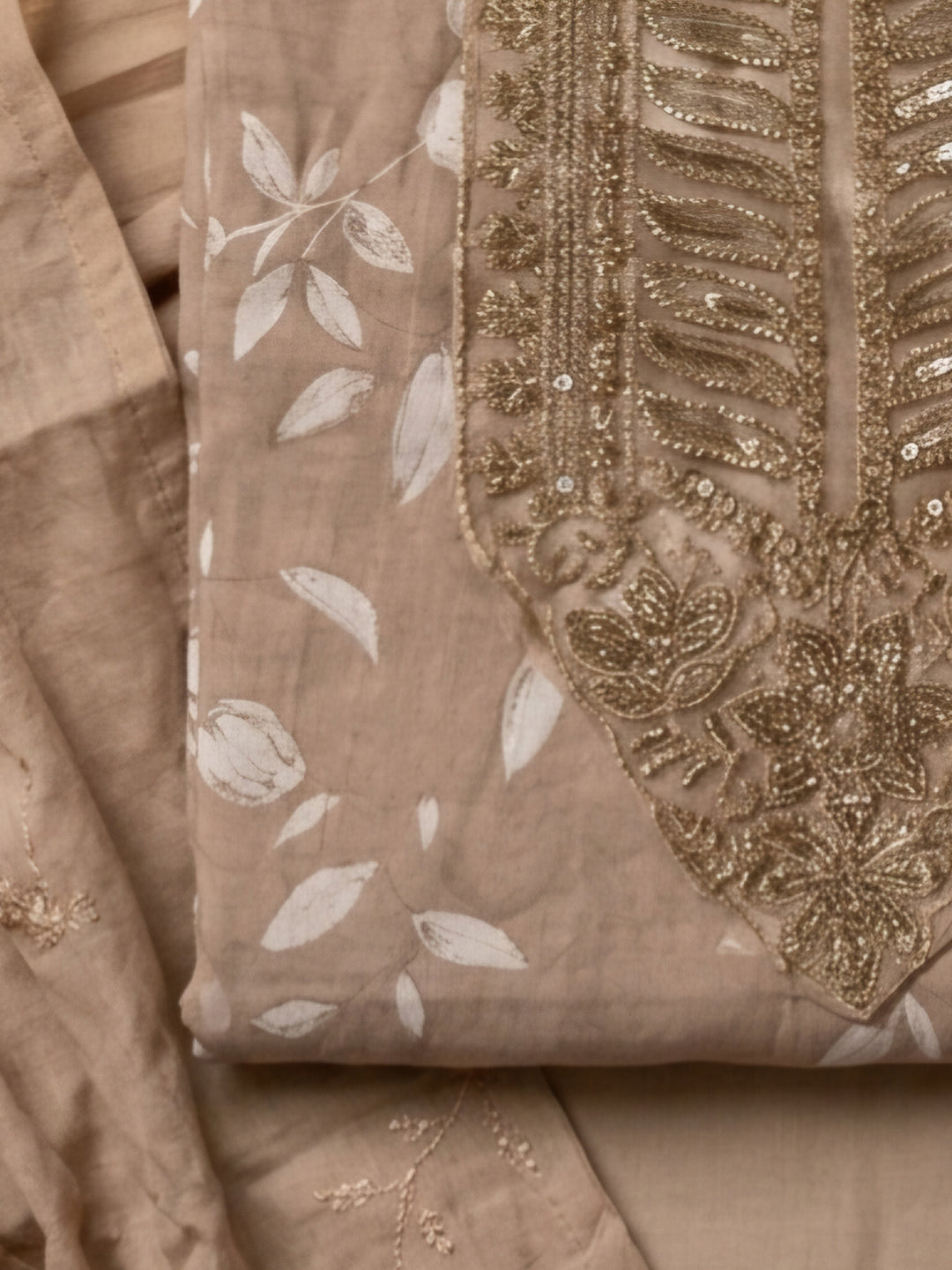 Beige Embroidered Cotton Blend Unstitched Suit &amp; Pant With Cotton Dupatta