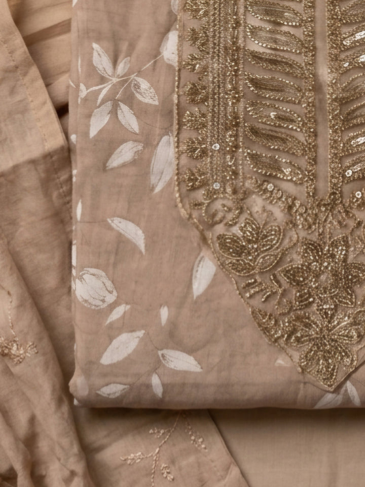 Beige Embroidered Cotton Blend Unstitched Suit &amp; Pant With Cotton Dupatta