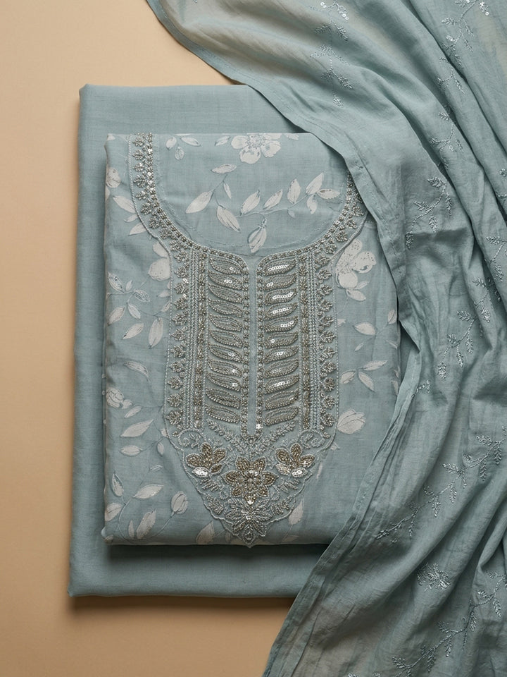 Grey Embroidered Cotton Blend Unstitched Suit &amp; Pant With Cotton Dupatta