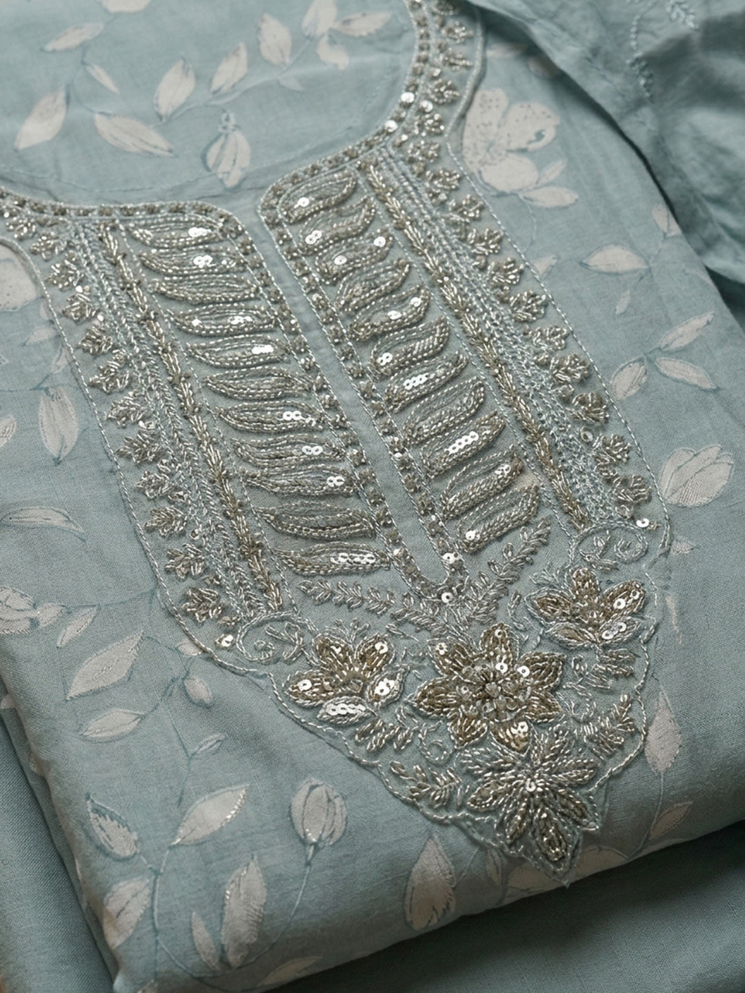 Grey Embroidered Cotton Blend Unstitched Suit &amp; Pant With Cotton Dupatta
