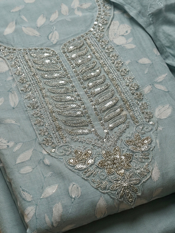 Grey Embroidered Cotton Blend Unstitched Suit &amp; Pant With Cotton Dupatta