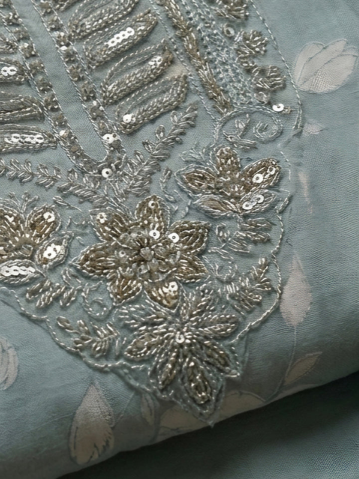 Grey Embroidered Cotton Blend Unstitched Suit &amp; Pant With Cotton Dupatta