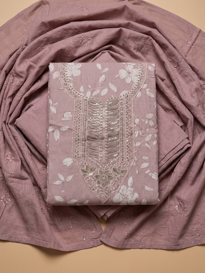 Pink Embroidered Cotton Blend Unstitched Suit &amp; Pant With Cotton Dupatta