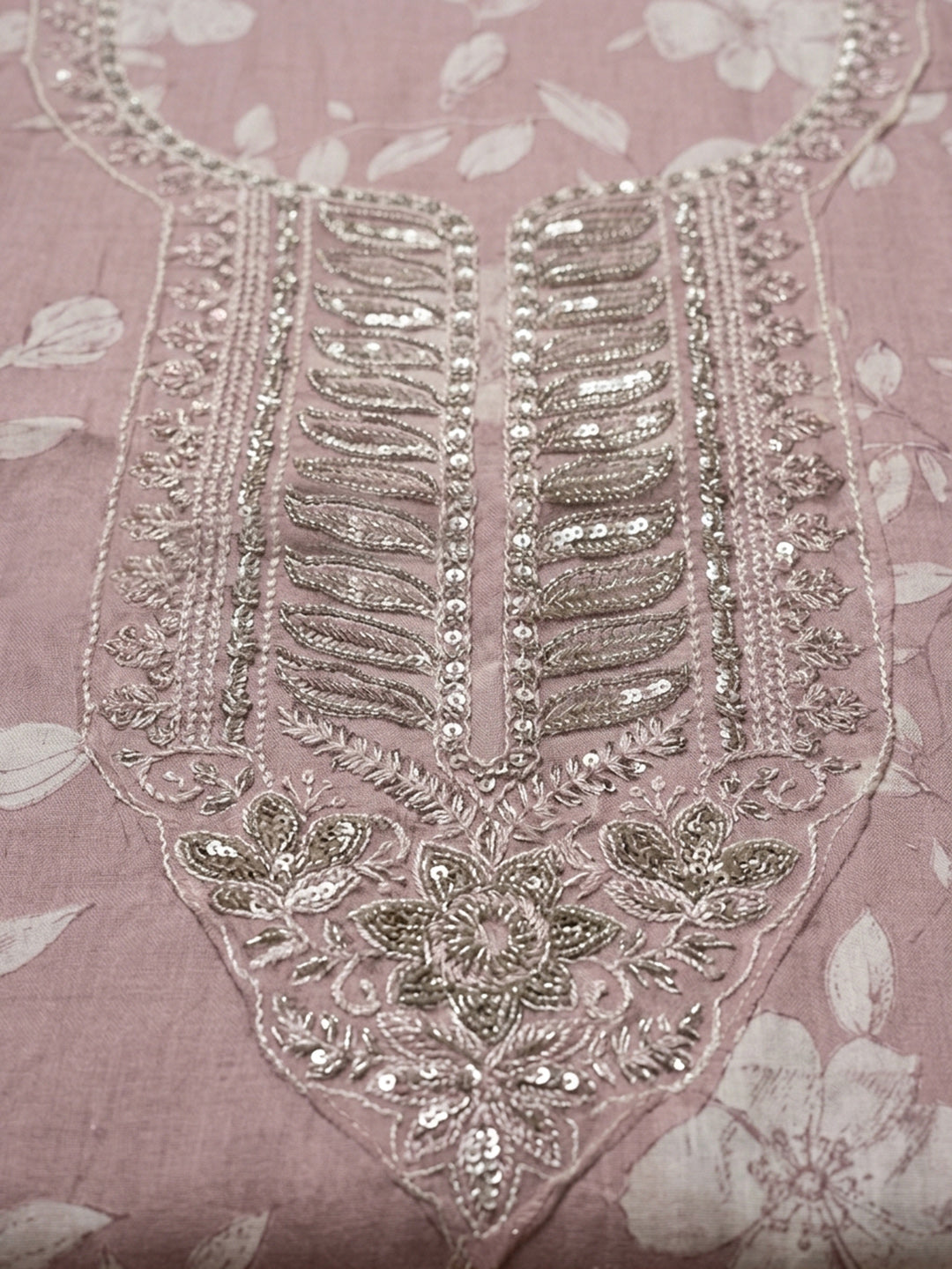 Pink Embroidered Cotton Blend Unstitched Suit &amp; Pant With Cotton Dupatta