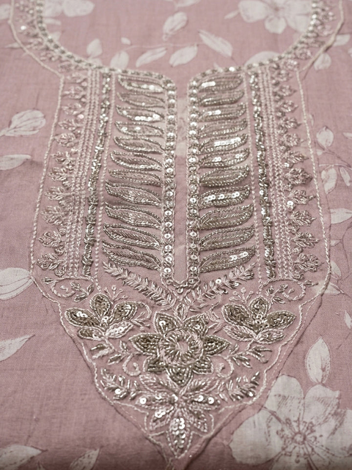 Pink Embroidered Cotton Blend Unstitched Suit &amp; Pant With Cotton Dupatta