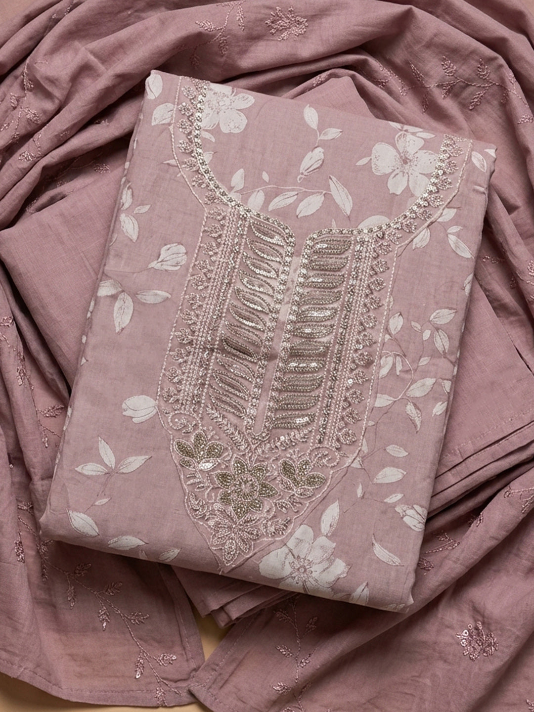 Pink Embroidered Cotton Blend Unstitched Suit &amp; Pant With Cotton Dupatta