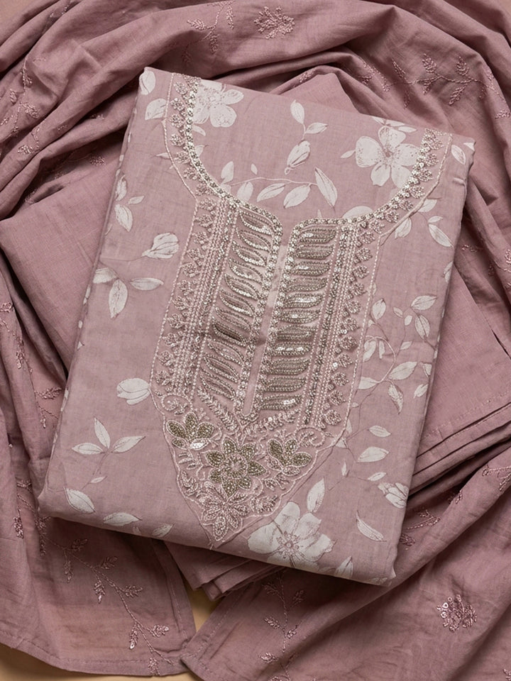Pink Embroidered Cotton Blend Unstitched Suit &amp; Pant With Cotton Dupatta