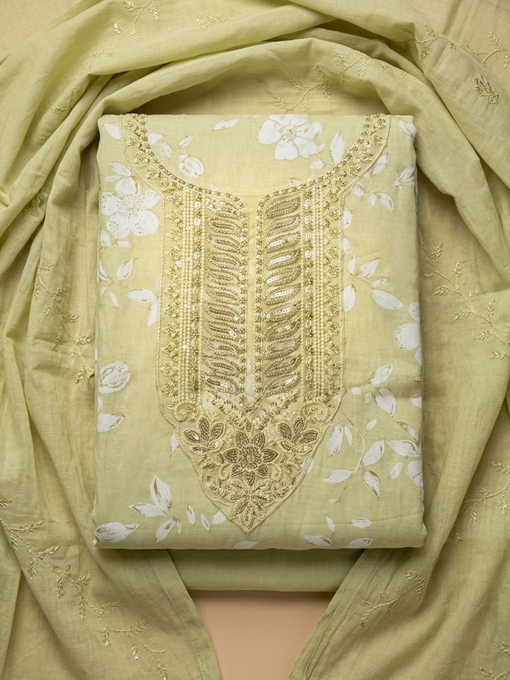 Pista Green Embroidered Cotton Blend Unstitched Suit &amp; Pant With Cotton Dupatta