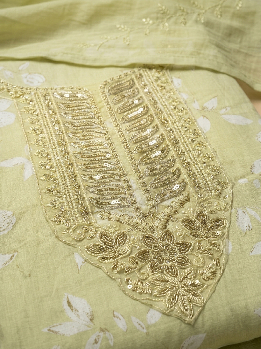 Pista Green Embroidered Cotton Blend Unstitched Suit &amp; Pant With Cotton Dupatta