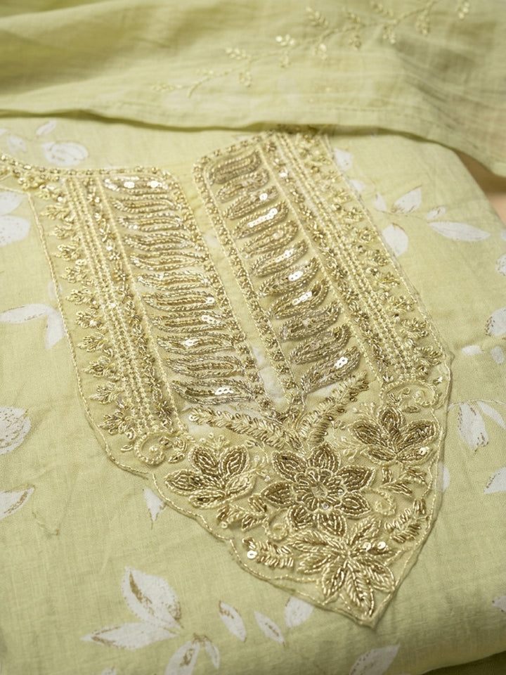 Pista Green Embroidered Cotton Blend Unstitched Suit &amp; Pant With Cotton Dupatta
