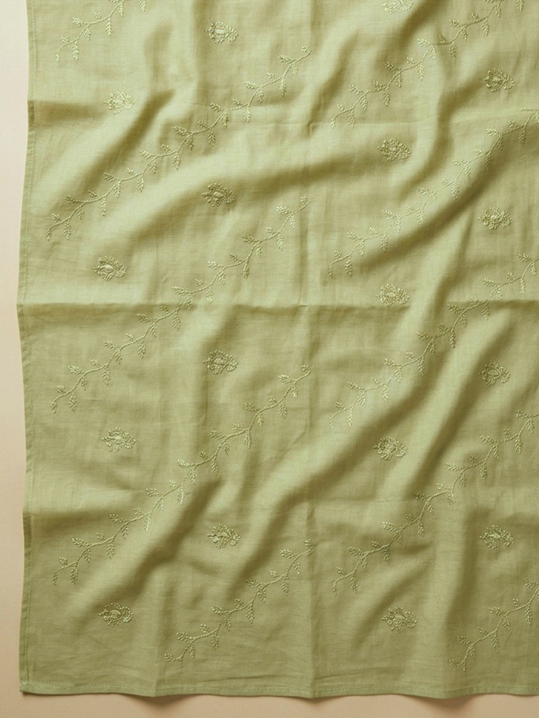 Pista Green Embroidered Cotton Blend Unstitched Suit &amp; Pant With Cotton Dupatta