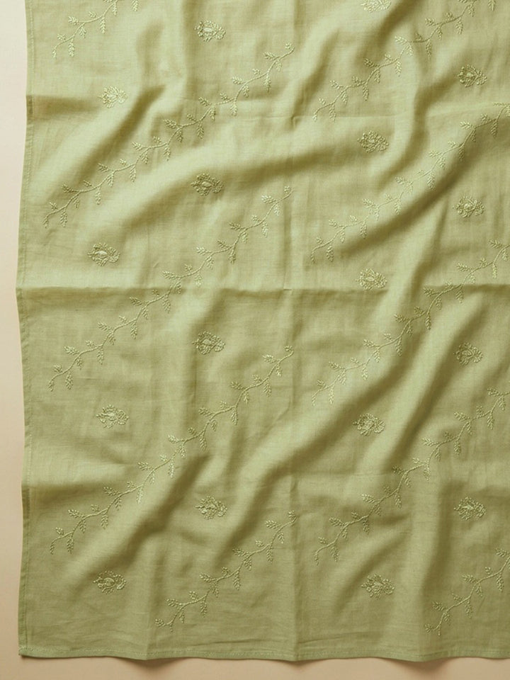 Pista Green Embroidered Cotton Blend Unstitched Suit &amp; Pant With Cotton Dupatta