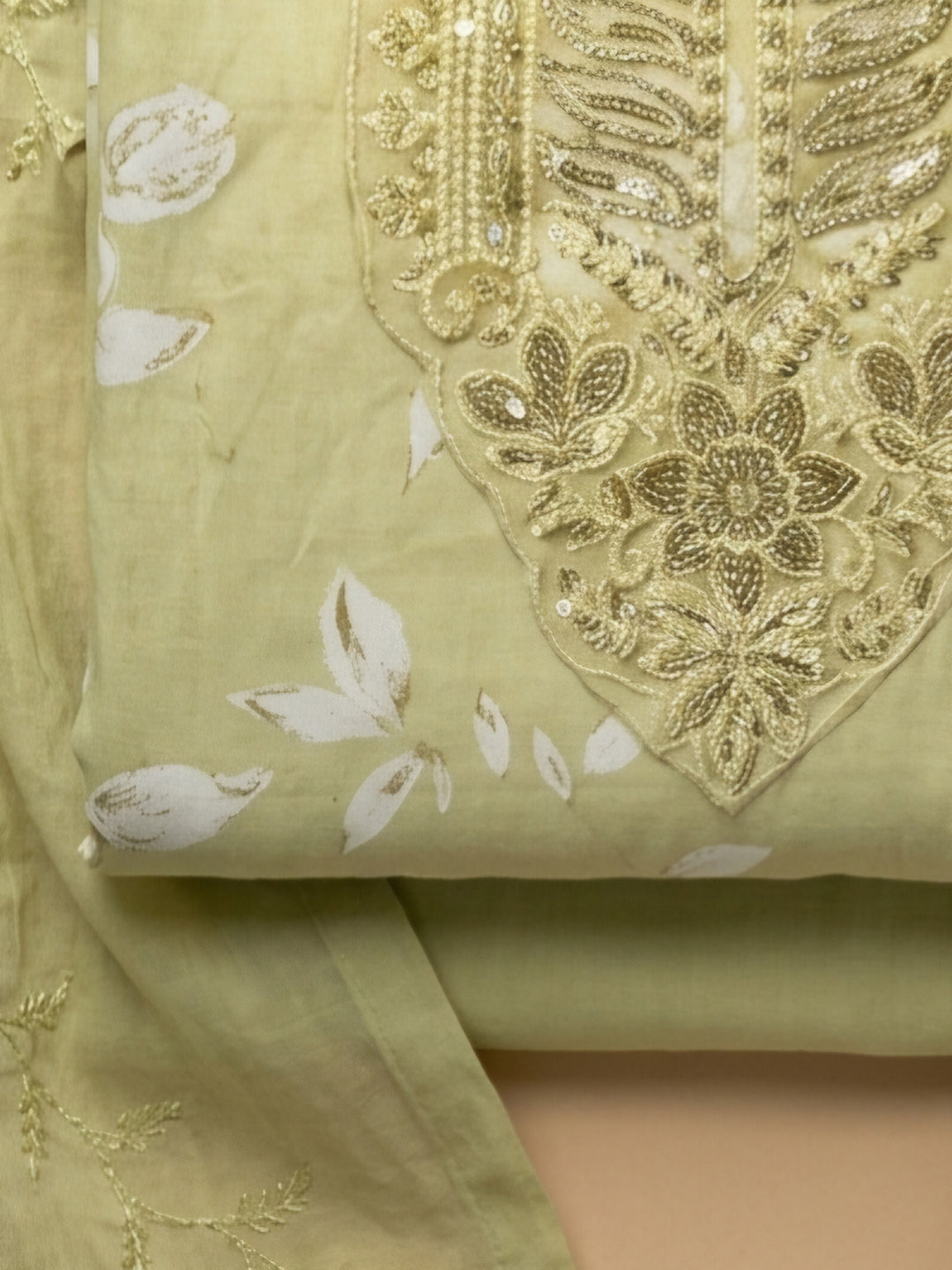Pista Green Embroidered Cotton Blend Unstitched Suit &amp; Pant With Cotton Dupatta