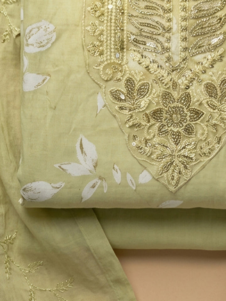 Pista Green Embroidered Cotton Blend Unstitched Suit &amp; Pant With Cotton Dupatta
