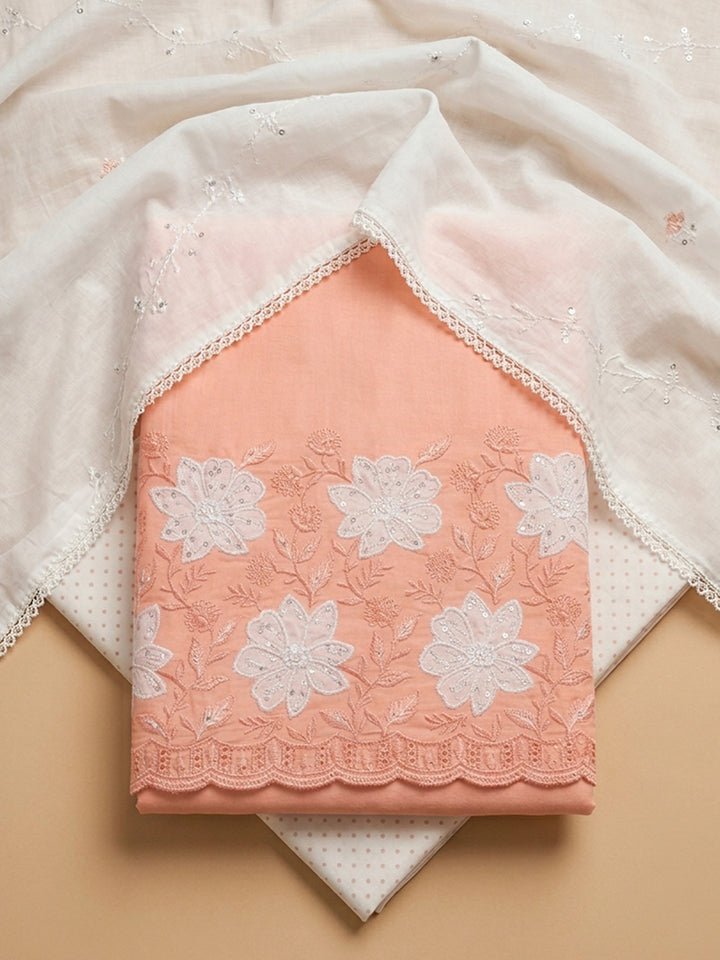 Peach Embroidered Cotton Blend Unstitched Suit &amp; Pant With Cotton Dupatta