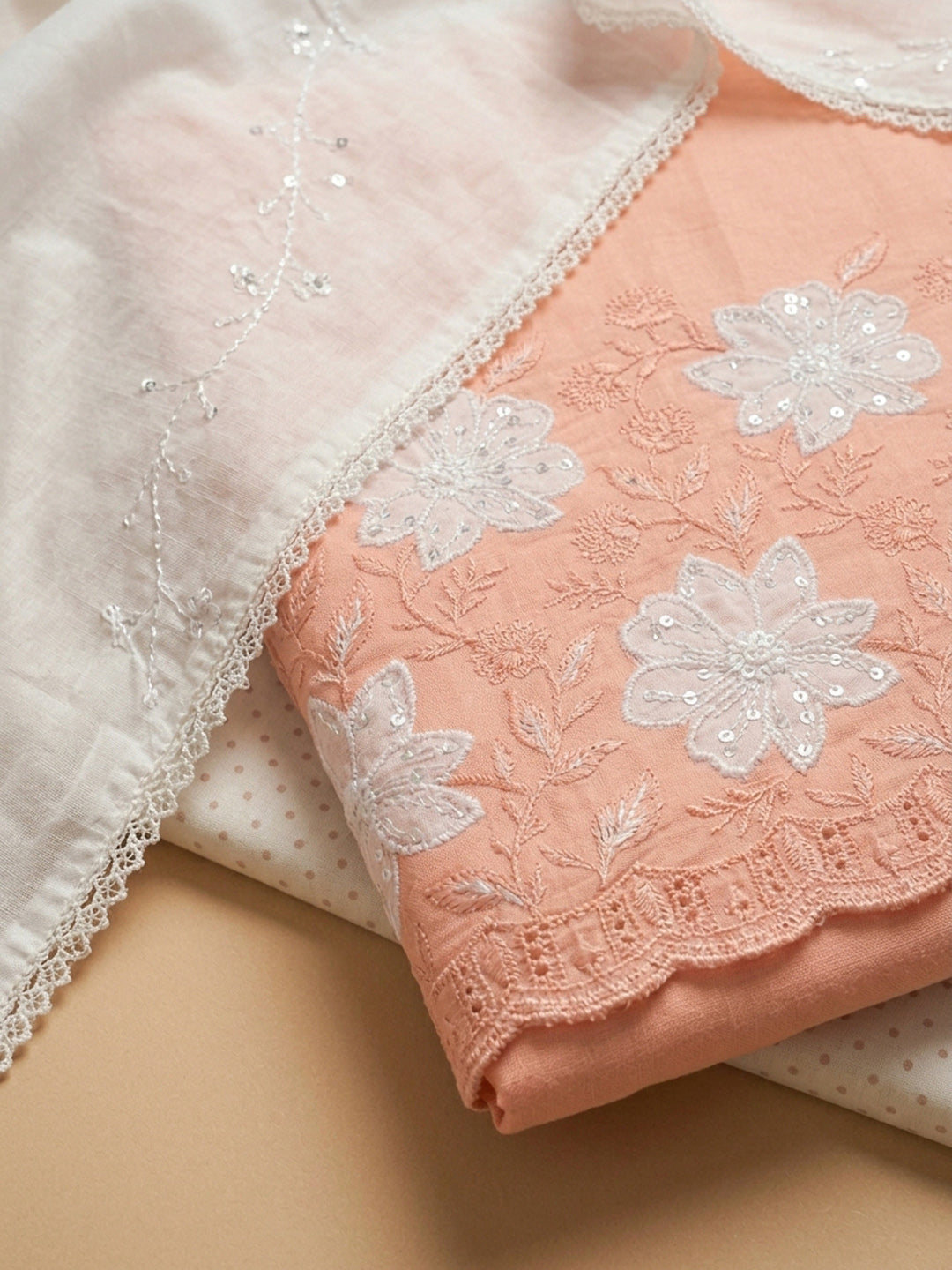 Peach Embroidered Cotton Blend Unstitched Suit &amp; Pant With Cotton Dupatta