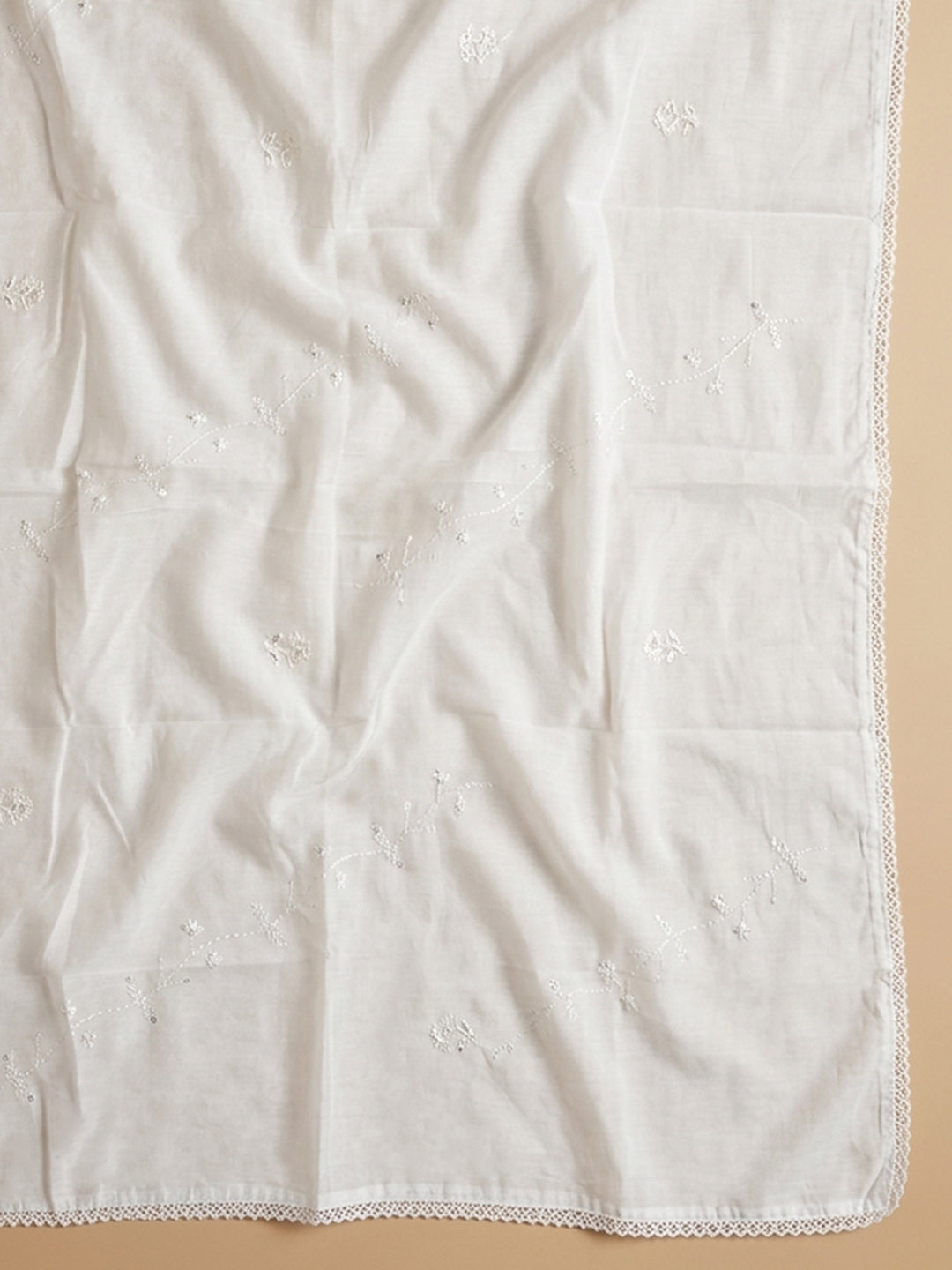 Peach Embroidered Cotton Blend Unstitched Suit &amp; Pant With Cotton Dupatta