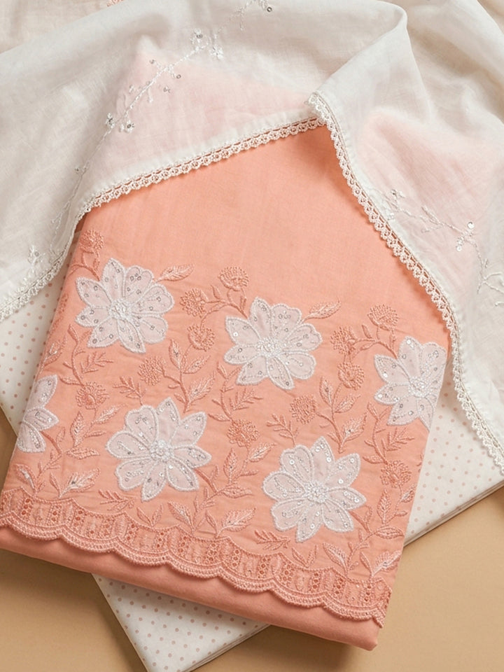 Peach Embroidered Cotton Blend Unstitched Suit &amp; Pant With Cotton Dupatta