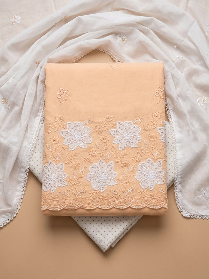 Rust Embroidered Cotton Blend Unstitched Suit &amp; Pant With Cotton Dupatta