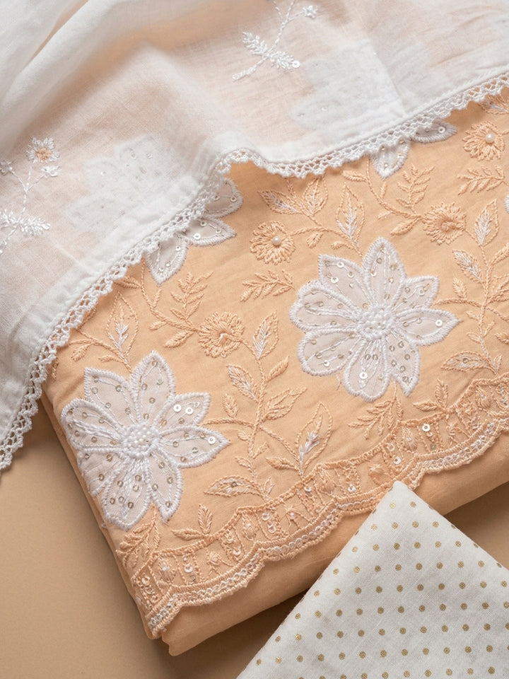 Rust Embroidered Cotton Blend Unstitched Suit &amp; Pant With Cotton Dupatta