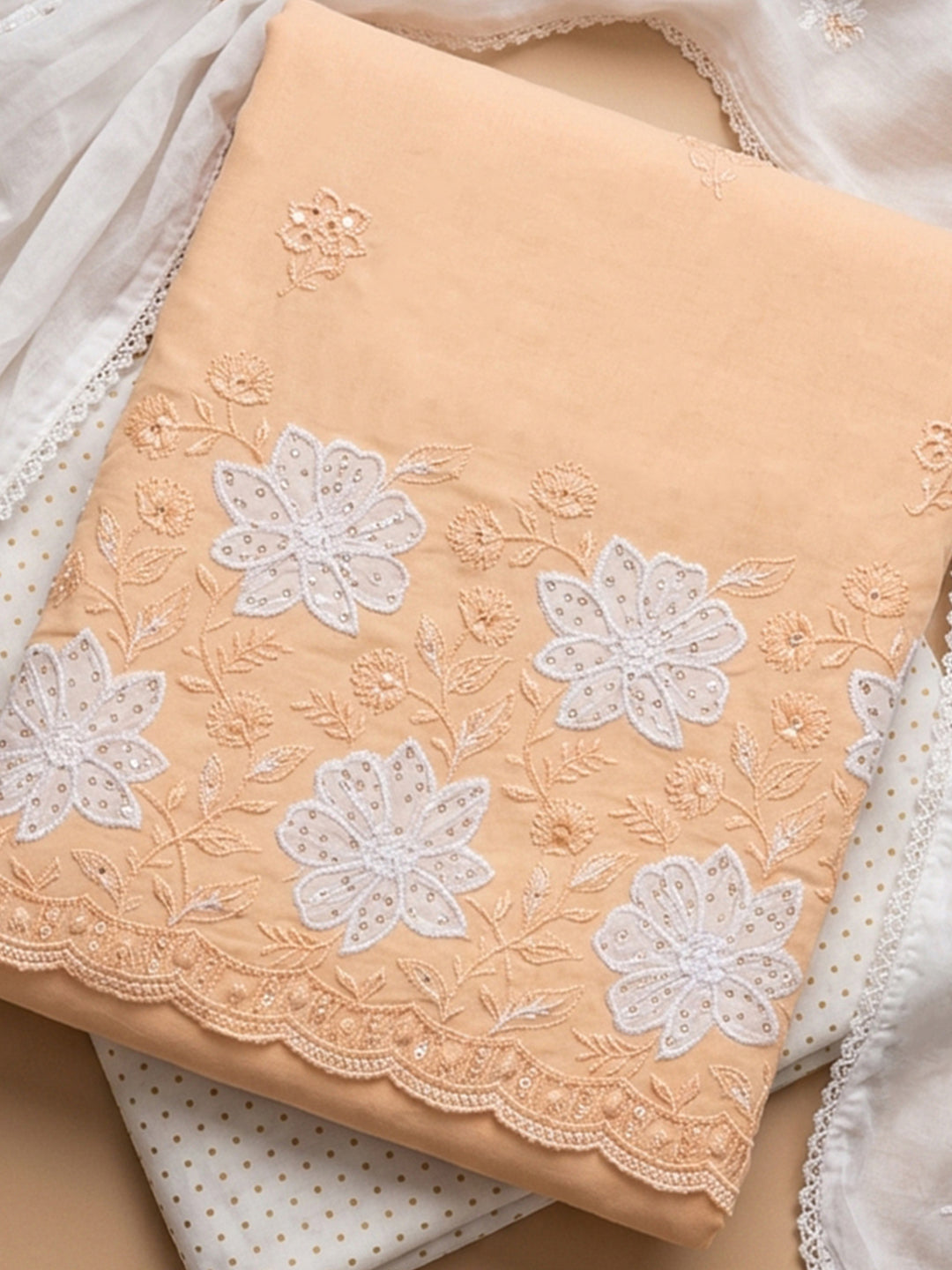 Rust Embroidered Cotton Blend Unstitched Suit &amp; Pant With Cotton Dupatta