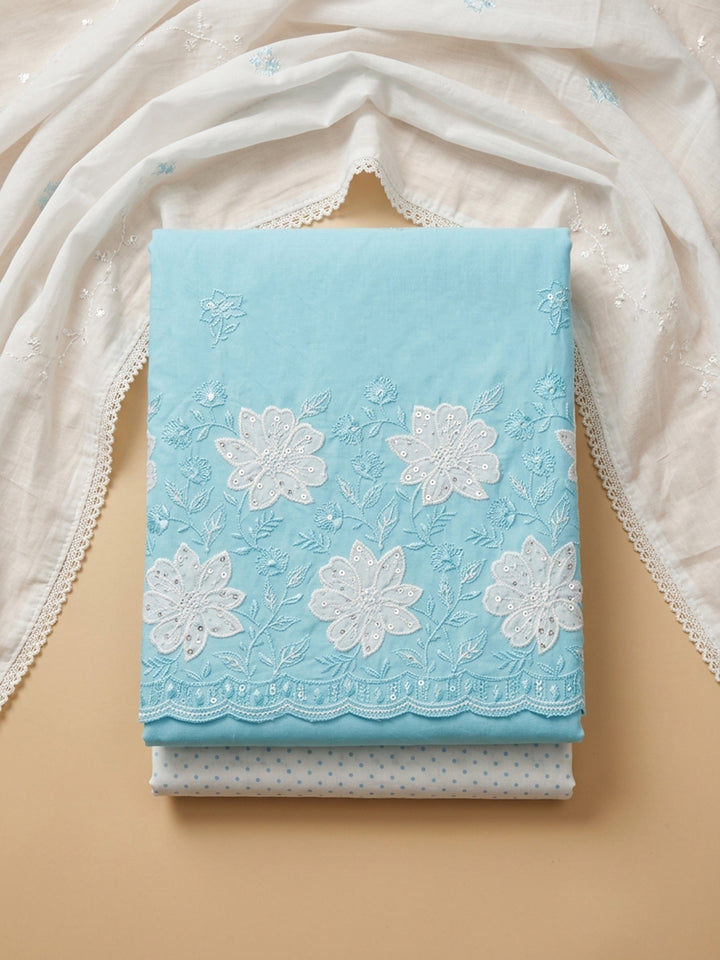 Sky Blue Embroidered Cotton Blend Unstitched Suit &amp; Pant With Cotton Dupatta