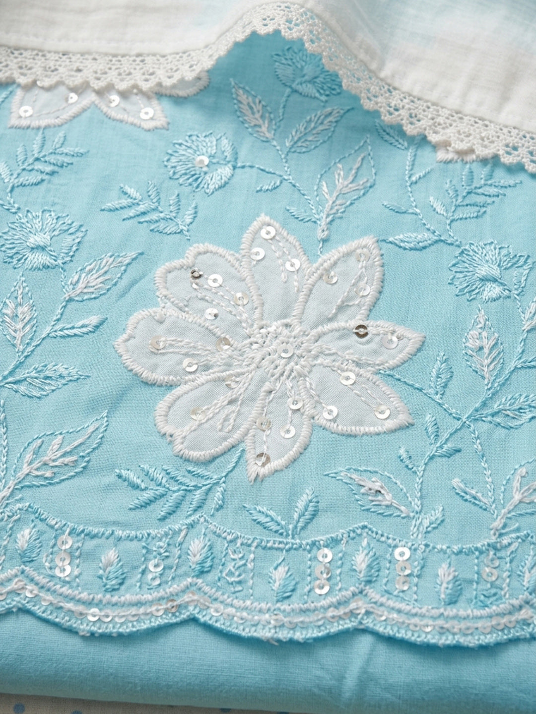 Sky Blue Embroidered Cotton Blend Unstitched Suit &amp; Pant With Cotton Dupatta